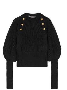 Veronica Beard Jude 100% Merino Wool Ribbed Puff-Sleeve Sweater w gold buttons